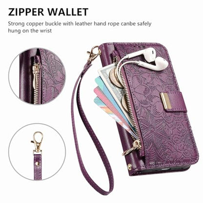for iPhone 17 Pro Phone Case Wallet, Purple | Built-in Card Holder (8-10 Cards), Zipper Pocket, Wrist Strap, Stand Kickstand, Flower PU Leather Protective Phone Case Women - color: Purple, size: iPhone 17 Pro