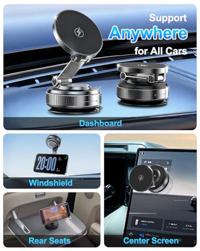 for MagSafe Car Mount Charger, 15W Fast Charging Magnetic Wireless Car Charger, Vacuum Magnetic Phone Holder [120LBS Ultra Suction Cup & 3000gf Magnet ] 780° Dashboard Car Bracket for iPhone & Android