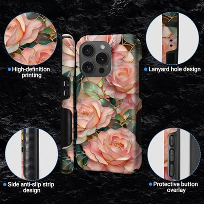Case for iPhone 15 Pro Max | Anti-Slip Side Handle| Bold Protective Design | Compatible with MagSafe | Stained Glass Pink Flower | - color: Stained Glass Pink Flower, size: iPhone 15 Pro Max