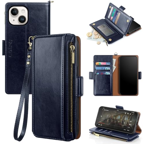 Antsturdy for iPhone 14 Plus Phone Wallet Case Women,Dark Blue | RFID Blocking,with Credit Card Holder Slots,PU Leather Purse,Zipper Pocket,Wrist Strap Kickstand,Flip Folio Cover for Men - color: A-Dark Blue
