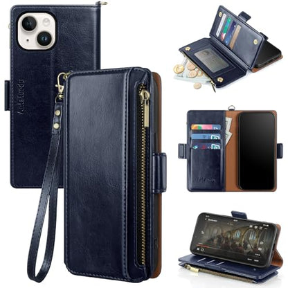 Antsturdy for iPhone 14 Plus Phone Wallet Case Women,Dark Blue | RFID Blocking,with Credit Card Holder Slots,PU Leather Purse,Zipper Pocket,Wrist Strap Kickstand,Flip Folio Cover for Men - color: A-Dark Blue