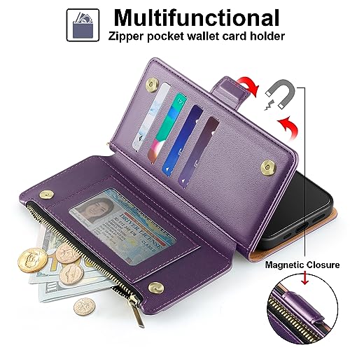 Antsturdy for iPhone 14 Plus Phone Wallet Case Women,Purple | RFID Blocking,with Credit Card Holder Slots,PU Leather Purse,Zipper Pocket,Wrist Strap Kickstand,Flip Folio Cover for Men - color: Purple