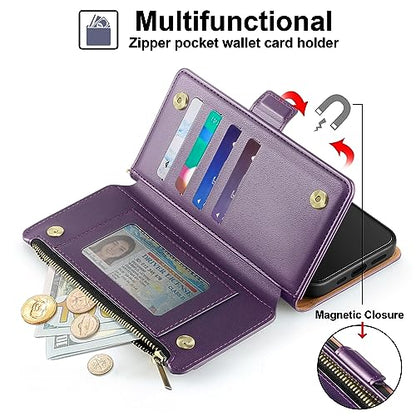 Antsturdy for iPhone 14 Plus Phone Wallet Case Women,Purple | RFID Blocking,with Credit Card Holder Slots,PU Leather Purse,Zipper Pocket,Wrist Strap Kickstand,Flip Folio Cover for Men - color: Purple