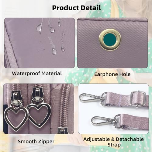 Small Crossbody Bag for Women, Multi Zip Pockets Nylon Wallet Purse Credit Card Holder with Detachable Hand Strap - color: Lightpurple
