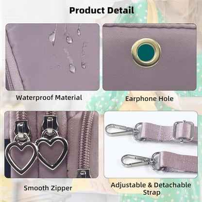 Small Crossbody Bag for Women, Multi Zip Pockets Nylon Wallet Purse Credit Card Holder with Detachable Hand Strap - color: Lightpurple