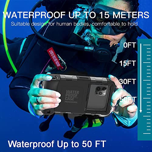 Waterproof Underwater Snorkeling Diving Phone Case for iPhone 16/15/14/13/12/11 Pro Max Mini and Galaxy S25/S24/S23/S22/S21 Ultra Plus Professional [15m/50ft] Photo Video Cover (SG Black)