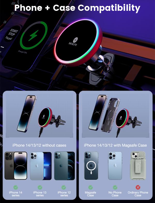 for Magsafe Car Mount Charger 15W LED RGB Car Phone Holder for Dash Vent - color: Red