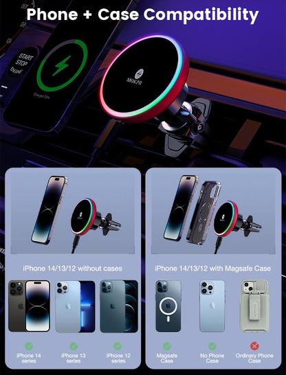 for Magsafe Car Mount Charger 15W LED RGB Car Phone Holder for Dash Vent - color: Red