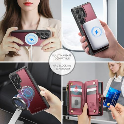 Defencase for Galaxy S24 Ultra Case Wallet Compatible with Magsafe, WineRed | Magnetic Detachable, RFID Bolcking Card Holder, Zipper Strap, PU Leather Drop-Proof Phone Cover for Samsung Galaxy S24 Ultra - color: (Detachable with Magsafe)-Wine Red