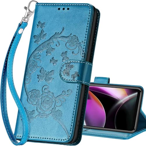 for Motorola Moto G 5G 2022 Wallet case, Blue-Flower | 3 Card Holders, Kickstand, Shockproof TPU Shell, PU Leather, Magnetic Closure, Protective Flip Folio Cover, Women - color: 7