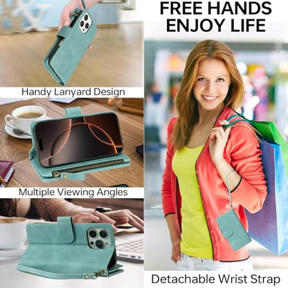 RANYOK Compatible with iPhone 16 Pro Max Wallet Case - PU Leather Wallet Case for iPhone 16 Pro Max with Credit Card Holder RFID Blocking Zipper Pocket [Wrist Strap] Protective Case (Baby Blue) - color: Light Blue, size: iPhone 16 Pro Max, 6.9"