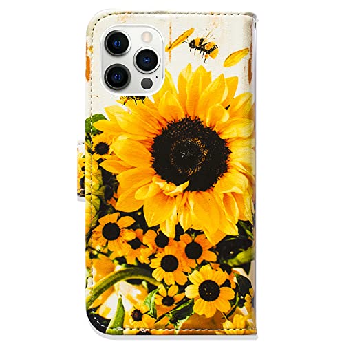 Bcov Case for iPhone 14 Pro, Sunflower Bee Flip Phone Case Wallet Cover with Card Slot Holder Kickstand for iPhone 14 Pro - color: Sunflower Bee