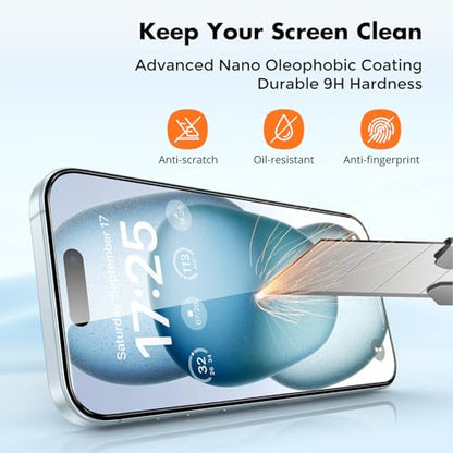 UNBREAKcable 4-Pack iPhone 15 Screen Protector, 9H Hardness | 9H tempered glass | 99.99% HD clarity | Double Shatterproof|alignment frame easy install | case-friendly - size: iPhone 15