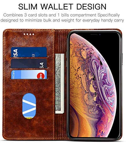 SINIANL iPhone Xs Case, iPhone X Case, Leather Wallet Folio Case Book Design Flip Cover with Stand and ID Credit Card Slot Magnetic Closure for iPhone Xs/X Khaki - color: Khaki, size: iPhone X / XS (5.8 inch)