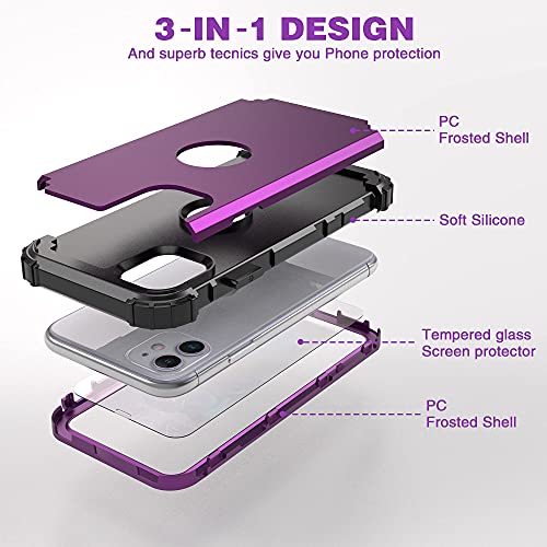 IDweel for iPhone 11 Case with Tempered Glass,Hybrid 3 in 1 Shockproof Slim Heavy Duty Protection Hard PC Cover Soft Silicone Bumper Full Body Case for iPhone 11 6.1 Inch, Navy Purple - color: Navy Purple