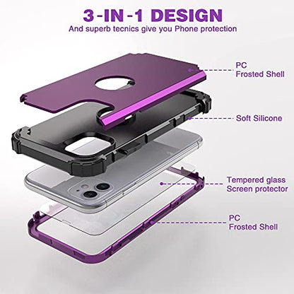 IDweel for iPhone 11 Case with Tempered Glass,Hybrid 3 in 1 Shockproof Slim Heavy Duty Protection Hard PC Cover Soft Silicone Bumper Full Body Case for iPhone 11 6.1 Inch, Navy Purple - color: Navy Purple