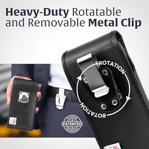 Turtleback Belt Clip for iPhone 16 Pro Max, 15 Pro Max, 14 Pro Max -Medium- Fits w/Shockproof Commuter Style Cases, Premium Black Leather Vertical Belt Holder, Magnetic Closure HD Rotating Clip - color: Vertical - Leather w/ HD Clip, size: Medium
