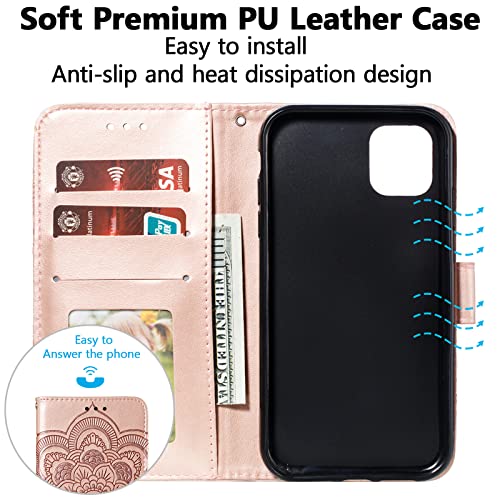 EYZUTAK Case for iPhone 13 Pro, Premium PU Leather Magnetic Flip Wallet Case with Card Holder Cash Slot Lanyard Strap Kickstand Function Embossed Mandala Flower Pattern Shockproof Cover - Rose Gold - color: Rose Gold, size: iPhone 13 Pro