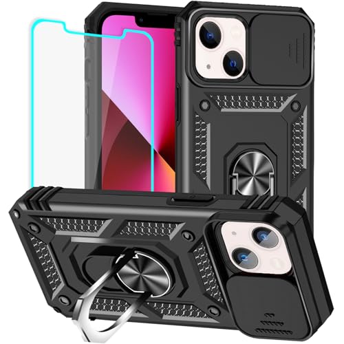 HNHYGETE for iPhone 13 Case with HD Screen Protector: [Military Grade 20ft. Drop Tested] Slide Camera Cover Ring Shockproof Protective Phone Case for - iPhone 13 (Black) - color: Black, size: iPhone 13