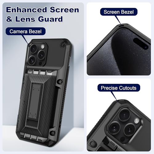 SAMONPOW for iPhone 15 Pro Case with Card Holder [4 Cards] &Kickstand Black - size: for iPhone 15 Pro