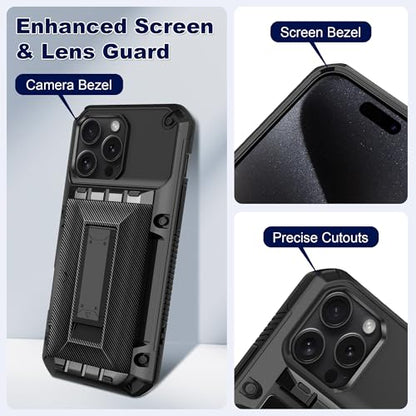 SAMONPOW for iPhone 15 Pro Case with Card Holder [4 Cards] &Kickstand Black - size: for iPhone 15 Pro