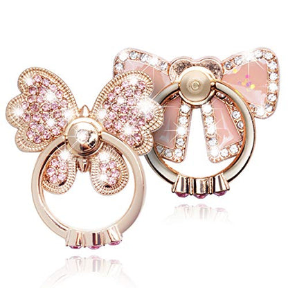 Finger Ring Stand Grip,2 Pack Luxury Glitter Diamond Universal Metal Kickstand for iPhone 16/15/14/13 Pro Max, Galaxy S24/S23/S22 Ultra, Finger Ring Grip Holder for All Smartphone, Pink/Bowknot