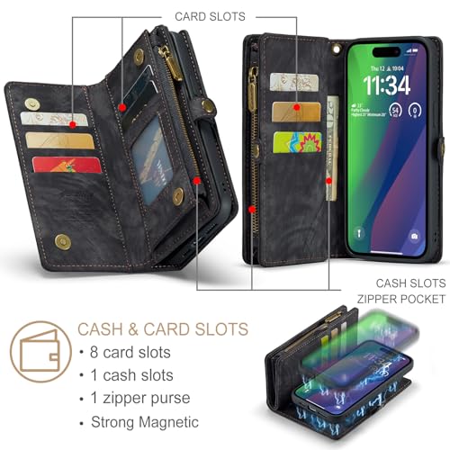 Compatible with iPhone 15 Wallet Case with Magsafe,Black | Magnetic Detachable Case,Card Holder,Zipper Pocket,Strap Wristlet, Soft Leather Drop-Proof Phone Case for iPhone 15 6.1" - color: Black, size: iPhone 15 6.1"