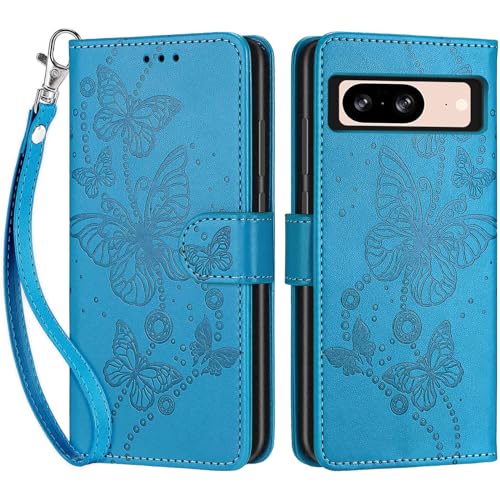 Wallet Case for Google Pixel 8, Blue Butterfly | Women Flip Folio Cover, Embossed PU Leather, Stand, Credit Card Holders Slots, Wrist Strap - color: 8