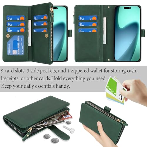 Wallet Case Compatible with iPhone 17 with Wrist Strap,2025 Release Purse for Women Men,[9 Card Slots] Card Holder Zipper Cash Pocket Magnetic Leather Cover,6.3 inch Dark Green - color: Dark Green, size: iPhone 17