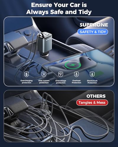 2026 Compact SUPERONE Retractable Car Charger with USB C & Apple Cables - color: Gray, size: 5 Ports