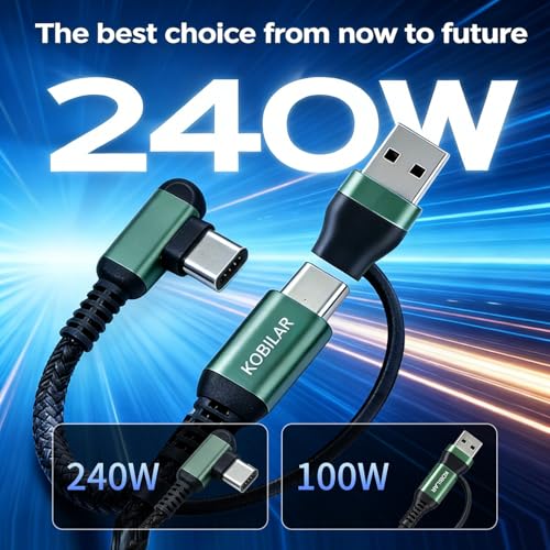 240W USB C Cable 2-Pack, 10FT USB C to USB C Fast Charging Cable, 90 Degree Right Angle Braided USB C Cord for MacBook Pro/Air, iPhone 16/17 Pro Max, iPad Pro, Samsung S25/S24, Laptop, Tablet