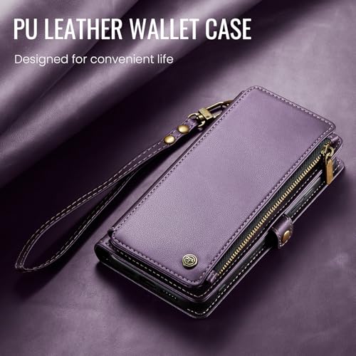 Defencase for Samsung Galaxy S25 Wallet Case with RFID Card Holder, Purple | Durable Soft PU Leather, with Zipper Pocket, Wrist Strap, Fashion Snap Flip S25 Phone Cases Cover with Stand for Women Men - color: Aesthetic Purple