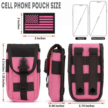 2 Pack Tactical Phone Holster Pouch, Smartphone Pouch Case Molle Attachment Belt Holder for 4.7"-6.9" Phone with US Flag Patch for iPhone 18 Pro Max/17/16/15/14 Pro Max - color: Hot Pink