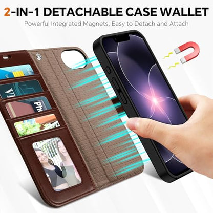 TUCCH Detachable Case Wallet for iPhone 17e/16e 6.1", Chocolate Brown | 4 Card Slots, RFID Blocking, Wireless Charging, Viewing Stand, Wrist Strap, PU Leather, Shockproof TPU, Magnetic, Flip Cover - color: Chocolate Brown