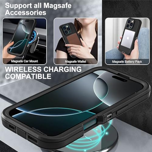 YKHJKLEC for iPhone 16 Pro Case, Compatible with Magsafe, Military Grade 3 in 1 Heavy Duty Shockproof/Drop Proof/Dust Proof Case with 2Pcs Tempered Glass Screen Protector (New-Black/Black) - color: New-Black/Black