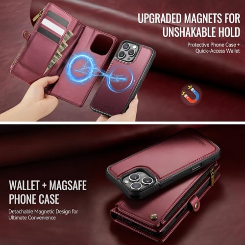 Defencase for iPhone 16 Pro Max Case Wallet Compatible with Magsafe, W-Red | Drop-Proof Magnetic Detachable Phone Cases Cover, with RFID Bolcking Card Holder, Zipper Strap, PU Leather, Removable Wallet - color: (Detachable with Magsafe)-Wine Red