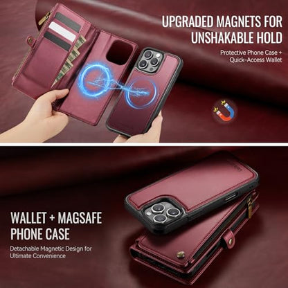 Defencase for iPhone 16 Pro Max Case Wallet Compatible with Magsafe, W-Red | Drop-Proof Magnetic Detachable Phone Cases Cover, with RFID Bolcking Card Holder, Zipper Strap, PU Leather, Removable Wallet - color: (Detachable with Magsafe)-Wine Red