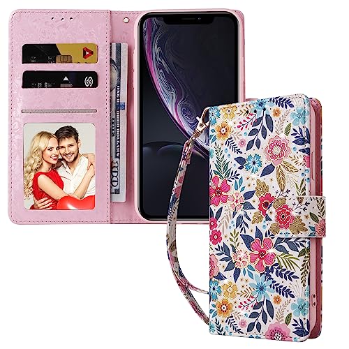 UEEBAI Wallet Case for iPhone XR, PU Leather Phone Case Kickstand RFID Blocking Flip Case with Card Slots Wrist Strap Relief Engraved Pattern Magnetic Closure Folio Case - Multi-Flower - color: Multi-Flower