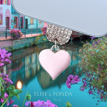 ELISE & FONDA CP604 USB Charging Port Crystal Anti Dust Plug Little Love Heart Phone Charm for iPhone 13/12/11/ XS MAX/XR/X/8 Plus/7/6S/8/SE iPad iPod (Pink)