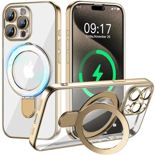 Magnetic for iPhone 13 Pro Case with Invisible Stand[Compatible with MagSafe][Full Camera Lens Protector][Military Drop Protection] Shockproof Not Yellowing Clear Slim Soft for Women Men - color: Gold, size: iPhone 13 Pro