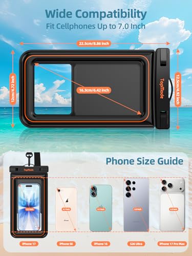 TopMade Floating Waterproof Phone Pouch, 2 Pack IP68 Waterproof Phone Case | Beach/Cruise/Travel Essentials, Detachable Lanyard, Waterproof Pouch for iPhone 17 16 15 Pro Max, S26 Ultra Up to 7", Black - color: Black