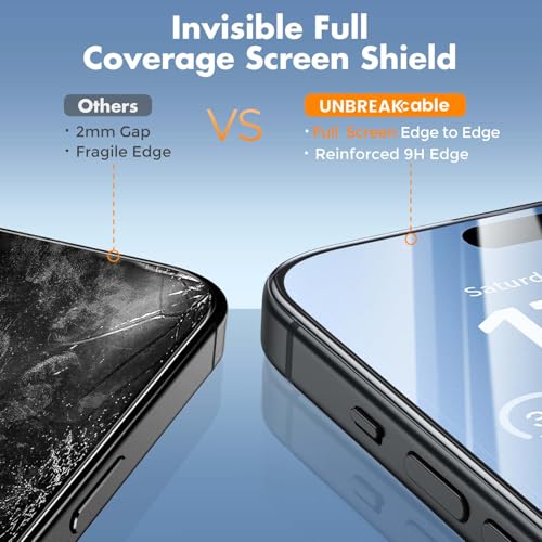 UNBREAKcable 3-Pack Screen Protector for iPhone 15, Double Shatterproof Tempered Glass [Easy Installation Frame] [99.99% HD Clear] [9H Hardness] [Full Coverage] [Case Friendly] for Apple 15 6.1 inch - size: iPhone 15