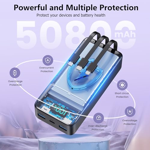 Portable Charger Power Bank 50800mAh,25W USB C Fast Charging Battery Pack with 3 Built in Cables & LED Display,6 Outputs 2 Inputs Travel Essentials Phone Charger for iPhone 18/17/16/15,Galaxy,Android - color: Black