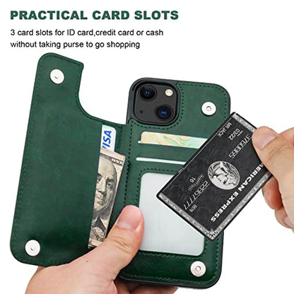 ONETOP for iPhone 13 Wallet Case with Card Holder,Green | Kickstand,ID/Cash Holder,Case Wallet with Card Slots,Double Magnetic Clasp,Durable PU Leather Shockproof Cover for Women Men - color: Green