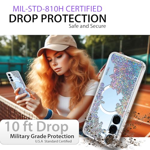 Magnetic for Samsung Galaxy S26 Plus Case, Compatible with MagSafe, Cute for Women Girls, 10FT Military Grade Protective Cover for Galaxy S26 Plus Case Glitter, Clear Bling Lace Mandala - size: 6.7 inch (for Galaxy S26 Plus)