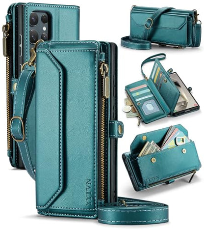 for Samsung Galaxy S24 Ultra Wallet Case with Card Holder, Green | RFID Blocking Slots, Crossbody Lanyard, Wrist Strap, Zipper Pocket Purse Handbag, Magnetic Closure - color: Green, size: Galxay S24 Ultra