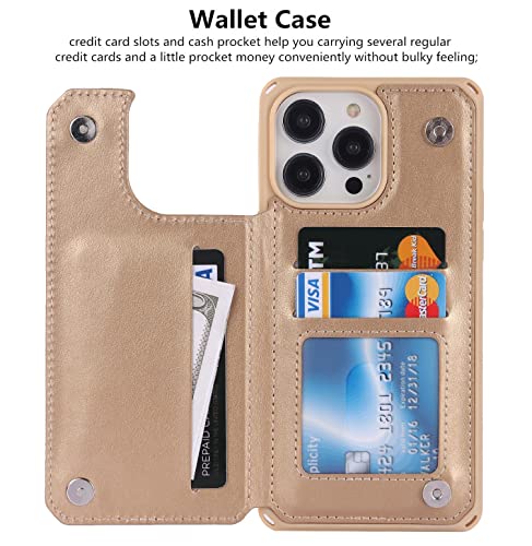 iCoverCase Compatible with iPhone 14 Pro Max Wallet Phone Case with Card Holder for Women, RFID Blocking Embossed PU Leather Wrist Strap Case 6.7 Inch (Heart Gold) - color: H-Gold