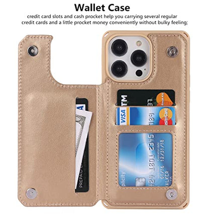 iCoverCase Compatible with iPhone 14 Pro Max Wallet Phone Case with Card Holder for Women, RFID Blocking Embossed PU Leather Wrist Strap Case 6.7 Inch (Heart Gold) - color: H-Gold