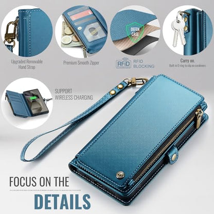 Defencase for Samsung Galaxy S24 Ultra Wallet Case with Card Holder, Blue | Durable PU Leather, with RFID Blocking Zipper Pocket, Wrist Strap, S24 Ultra Flip Phone Cases Cover with Stand for Women Men - color: Ocean Blue