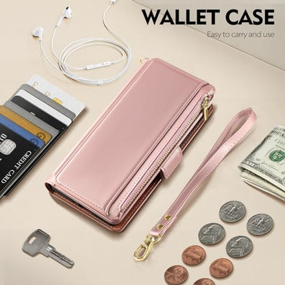 Antsturdy for iPhone 14 Plus Phone Wallet Case Women,Rose Gold | RFID Blocking,with Credit Card Holder Slots,PU Leather Purse,Zipper Pocket,Wrist Strap Kickstand,Flip Folio Cover for Men - color: Rose Gold